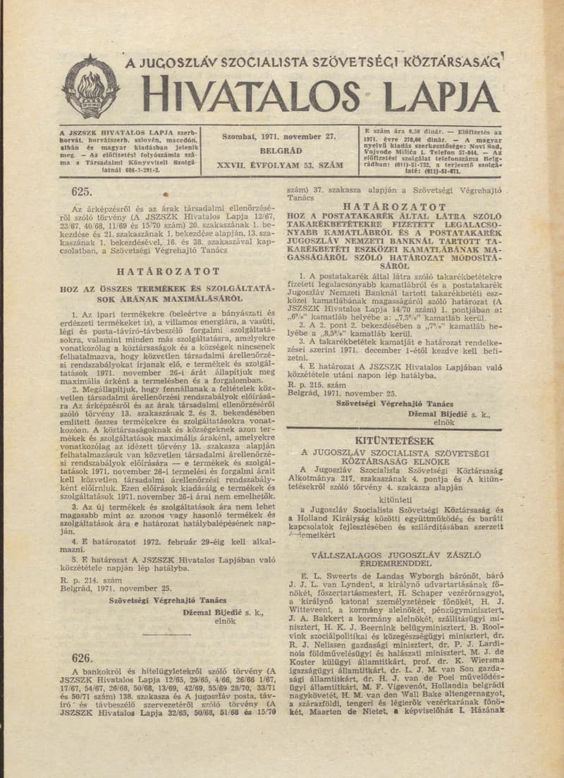 A Jugoszláv Szocialista Szövetségi Köztársaság Hivatalos Lapja, 27. évf. 1971. november 27. 53. sz. 1021–1024. oldal