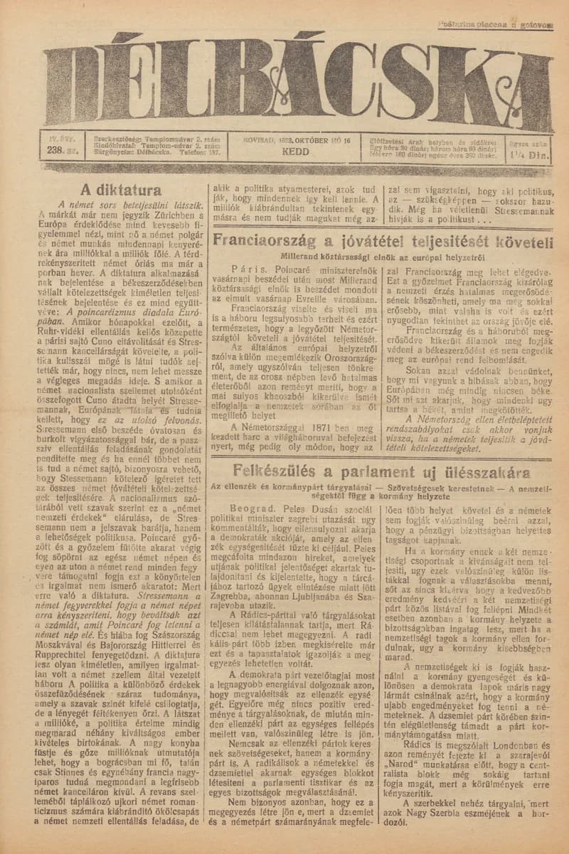 Délbácska, 4. évf. 1923. október 16. 238. sz.