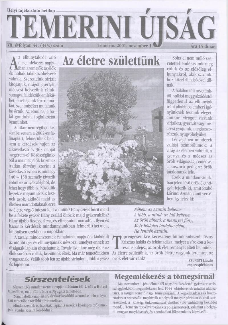 Temerini Újság, 7. évf. 2001. november 1. 44. sz.