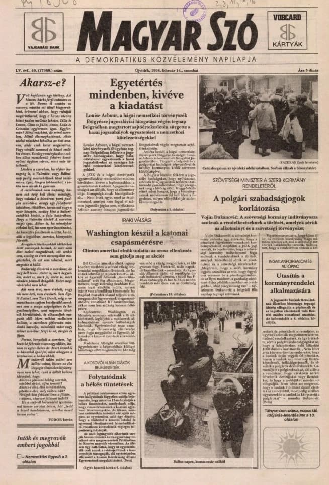 Magyar Szó, 55. évf. 1998. február 14. 40. sz. 1–16. oldal