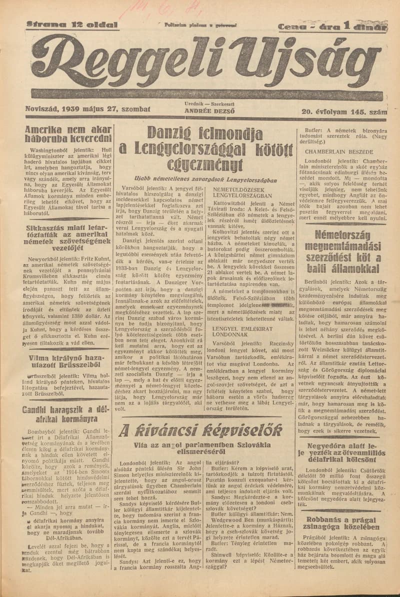 Reggeli Újság, 20. évf. 1939. május 27. 145. sz.