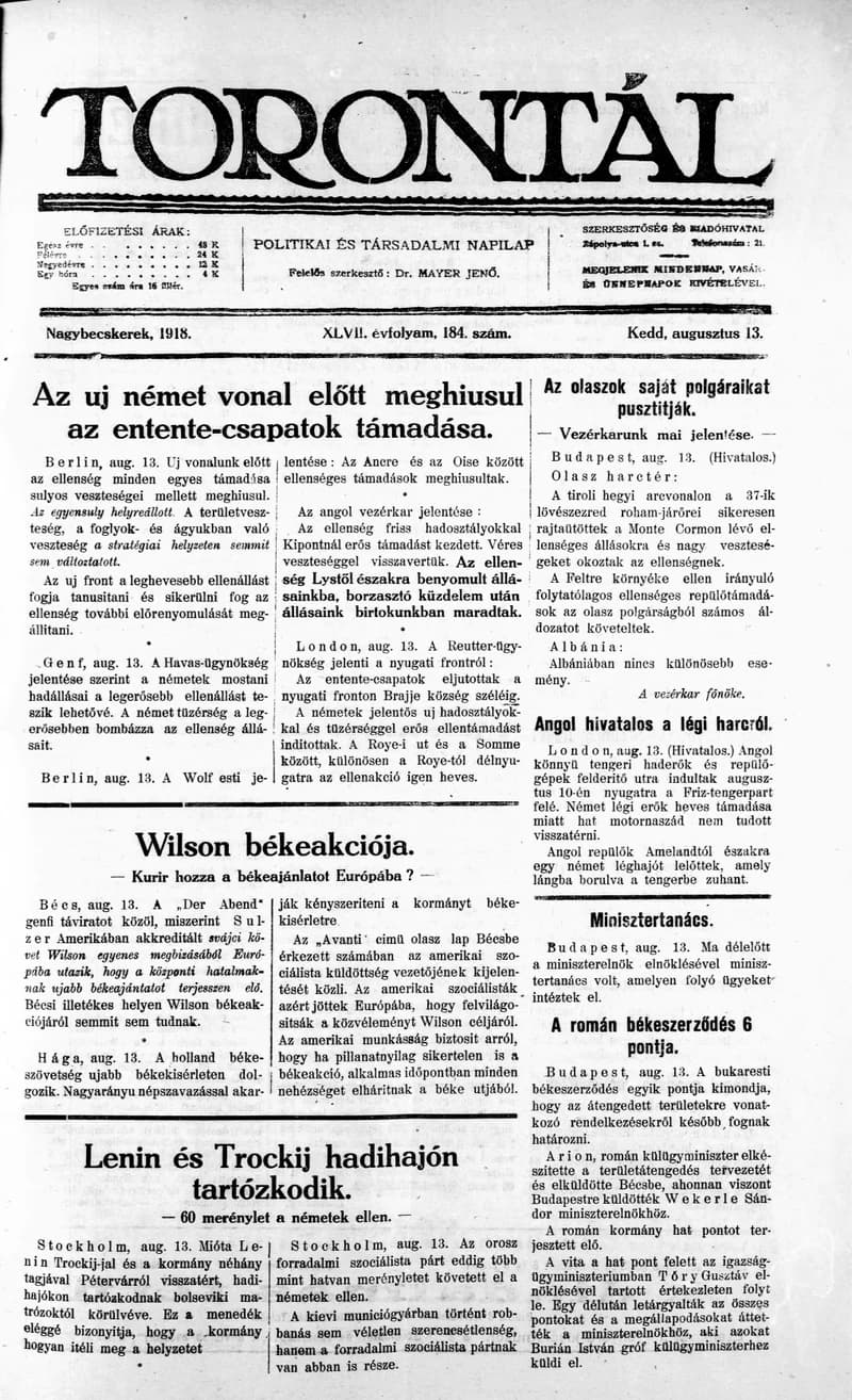 Torontál, 47. évf. 1918. augusztus 13. 184. sz.