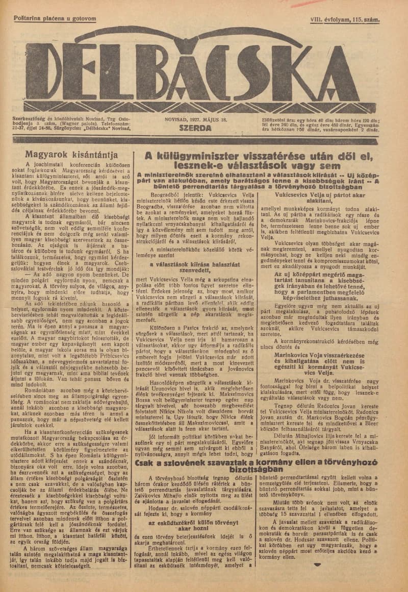 Délbácska, 8. évf. 1927. május 18. 115. sz.