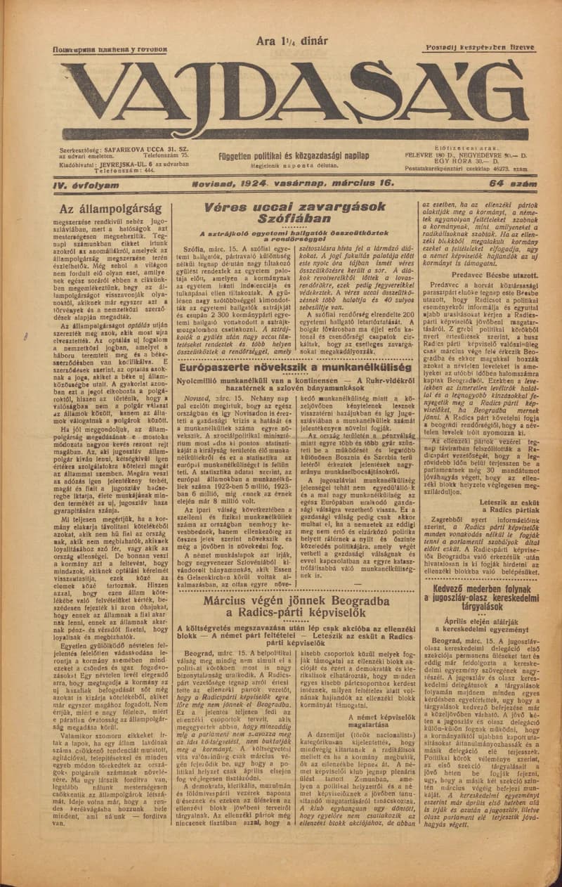 Vajdaság, 4. évf. 1924. március 16. 64. sz.