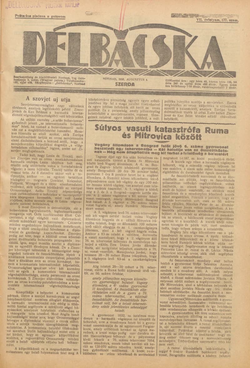 Délbácska, 7. évf. 1926. augusztus 4. 177. sz.