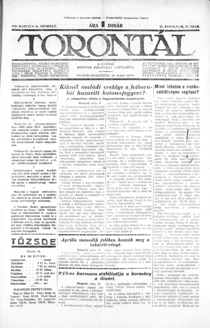 Torontál, 57. évf. 1928. március 31. 77. sz.