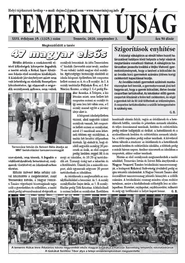Temerini Újság, 26. évf. 2020. szeptember 3. 35. sz.