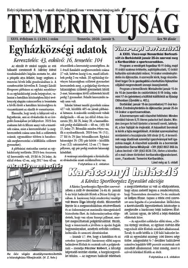 Temerini Újság, 26. évf. 2020. január 9. 1. sz.