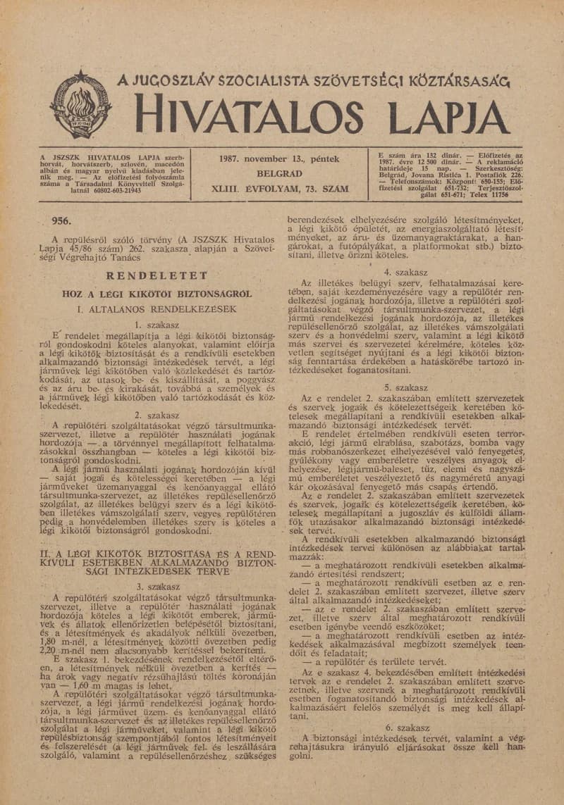 A Jugoszláv Szocialista Szövetségi Köztársaság Hivatalos Lapja, 43. évf. 1987. november 13. 73. sz. 1729–1740. oldal