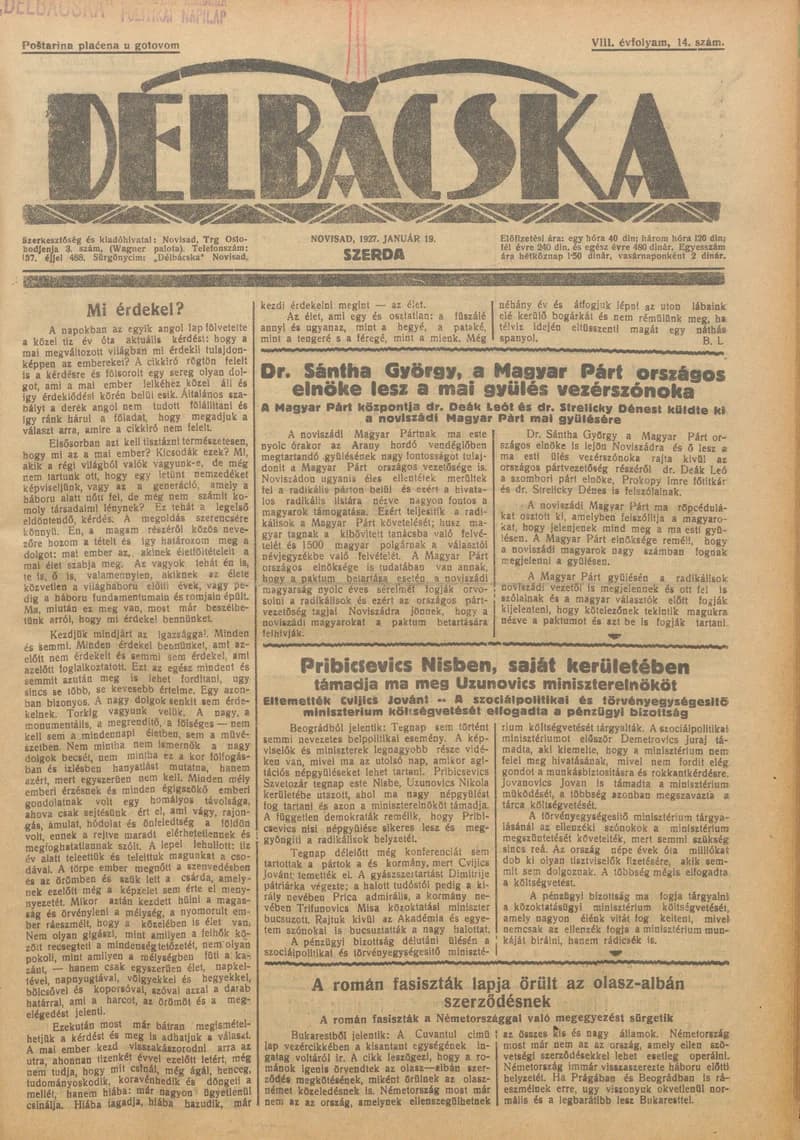 Délbácska, 8. évf. 1927. január 19. 14. sz.