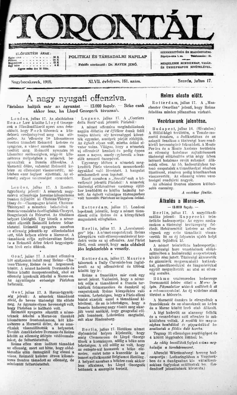 Torontál, 47. évf. 1918. július 17. 161. sz.