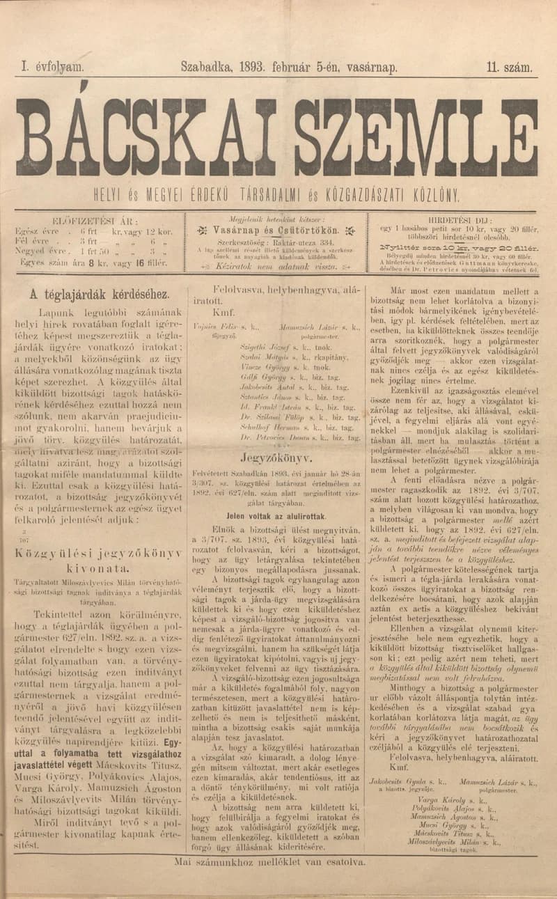 Bácskai Szemle, 1. évf. 1893. február 5. 11. sz.