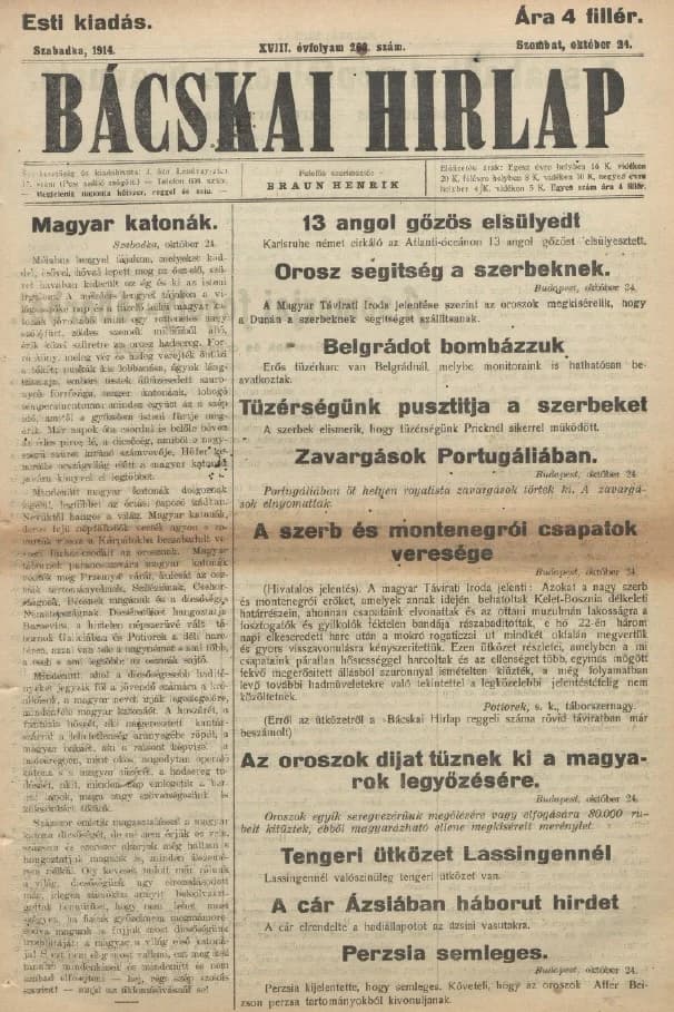 Bácskai Hirlap, 18. évf. 1914. október 24. 263. sz.