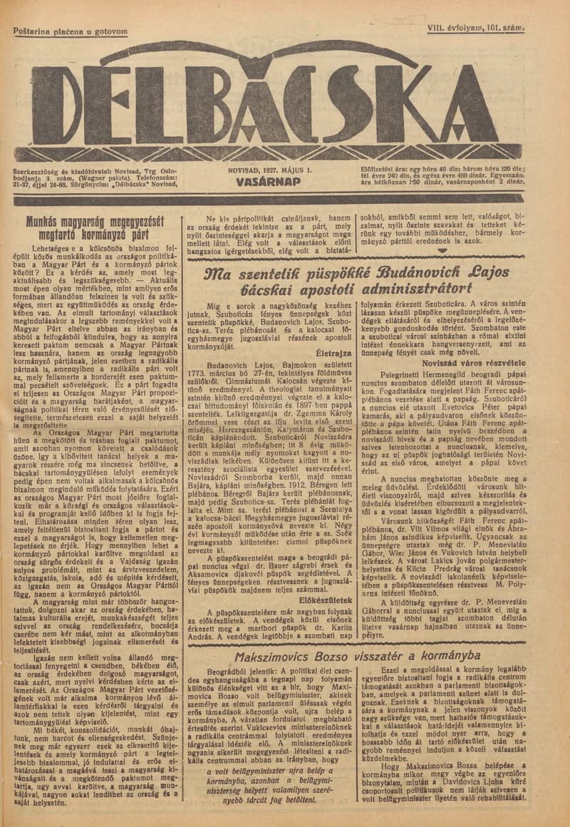 Délbácska, 8. évf. 1927. május 1. 101. sz.