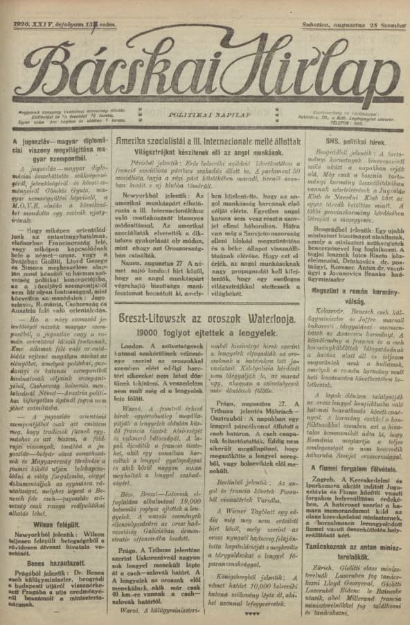 Bácskai Hirlap, 24. évf. 1920. augusztus 28. 137. sz.