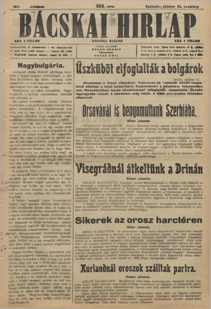 Bácskai Hirlap, 19. évf. 1915. október 24. 486. sz.