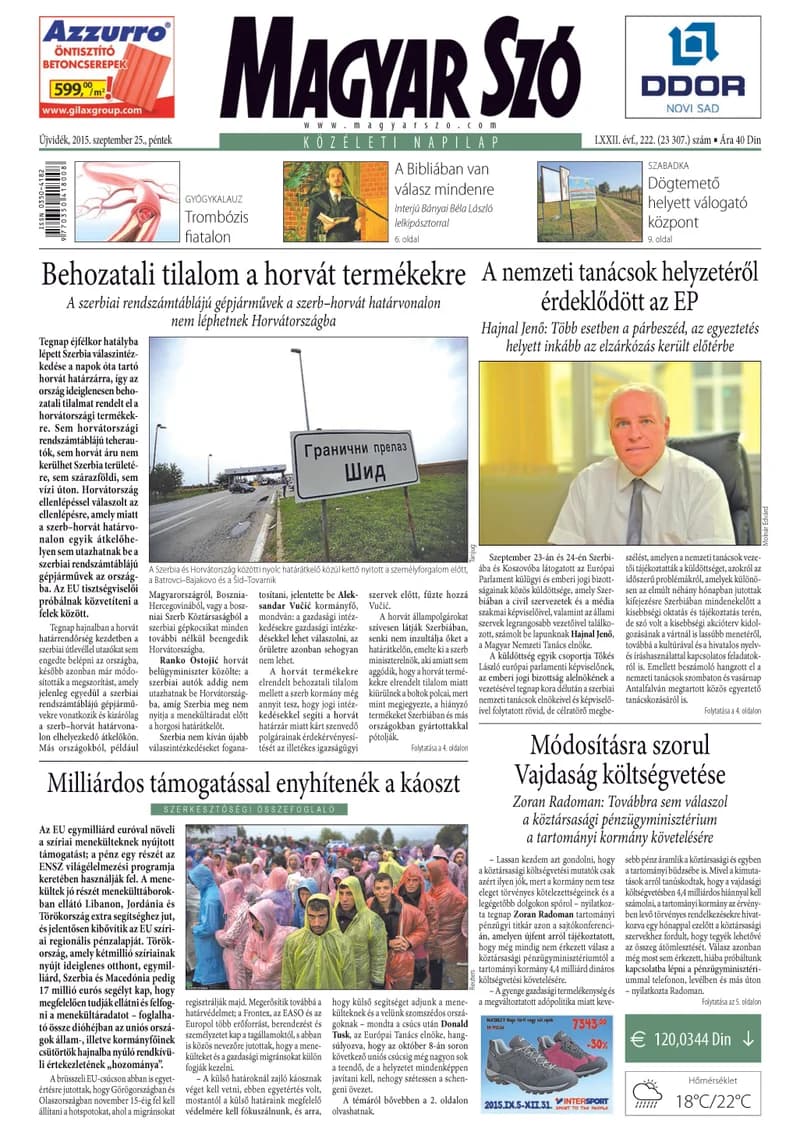 Magyar Szó, 72. évf. 2015. szeptember 25. 222. sz. 1–16. oldal