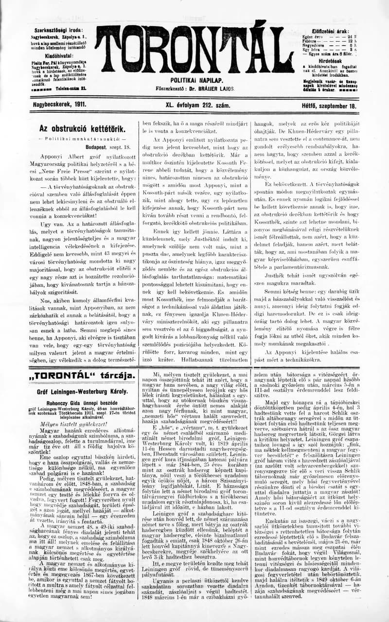 Torontál, 40. évf. 1911. szeptember 18. 212. sz.