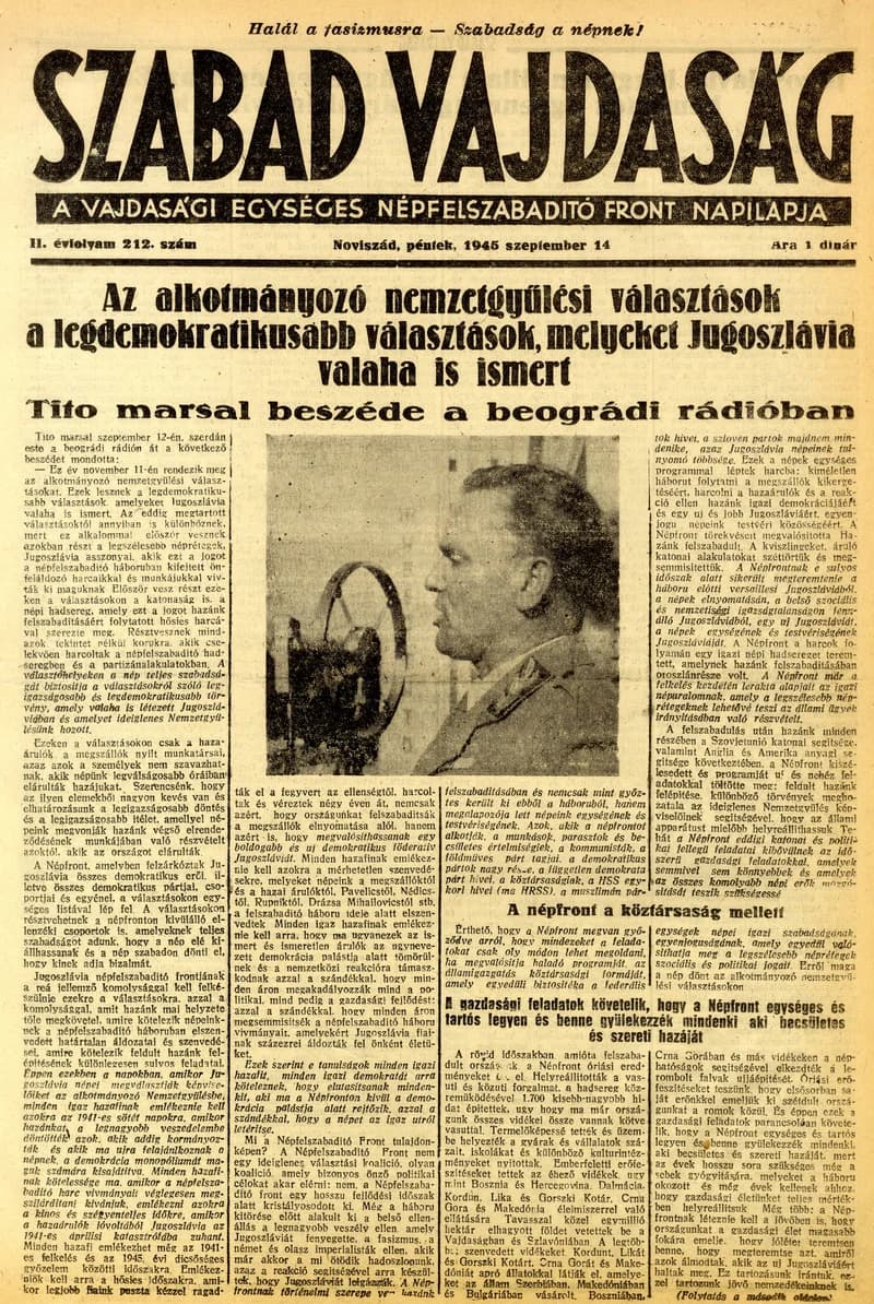 Szabad Vajdaság, 2. évf. 1945. szeptember 14. 212. sz.