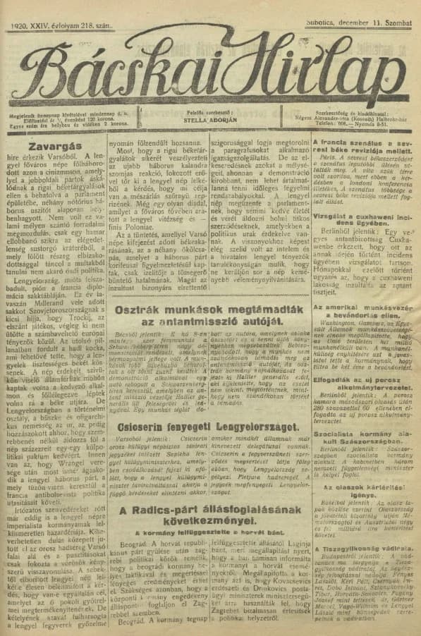 Bácskai Hirlap, 24. évf. 1920. december 11. 218. sz.