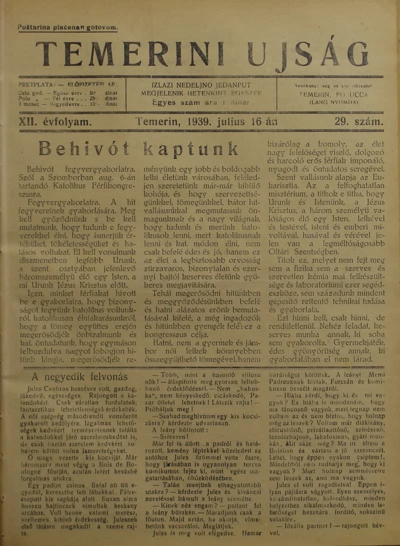 Temerini Újság 1928-1944, 12. évf. 1939. július 16. 29. sz.