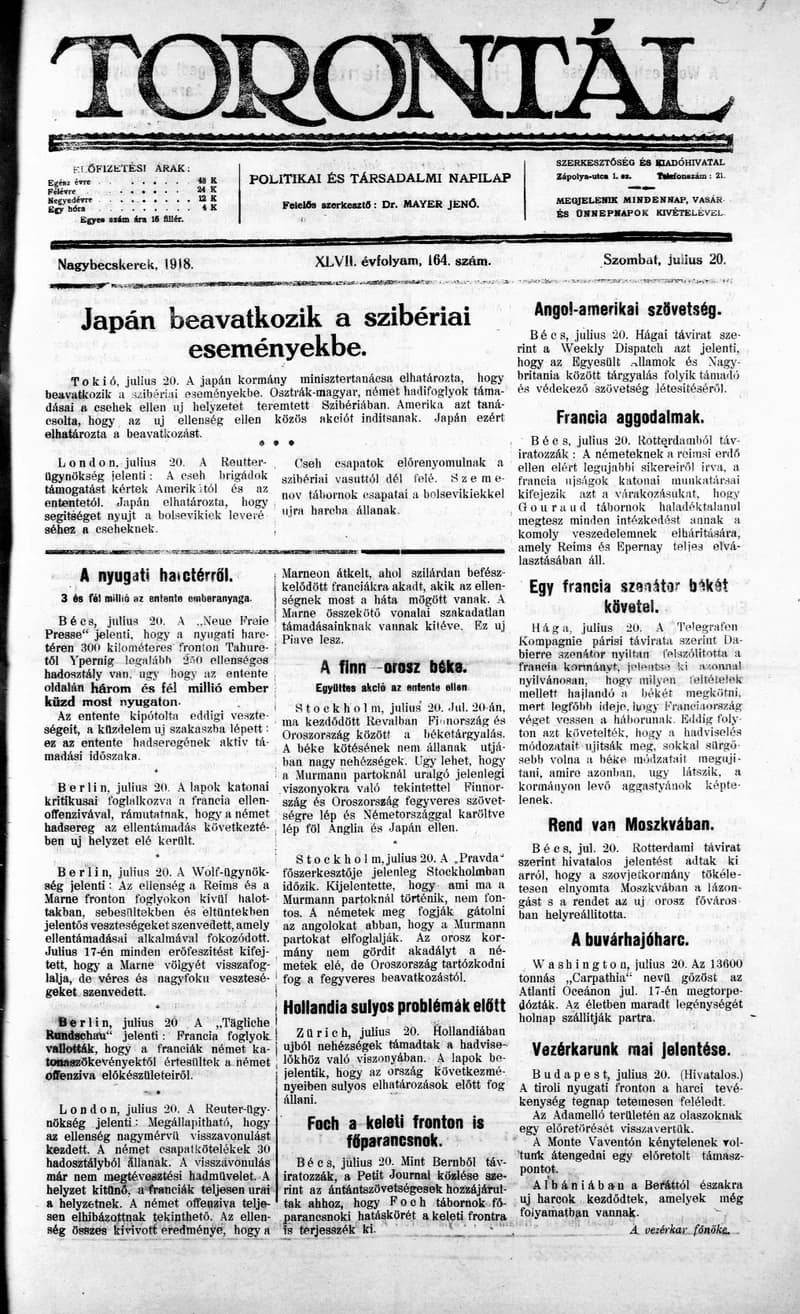 Torontál, 47. évf. 1918. július 20. 164. sz.