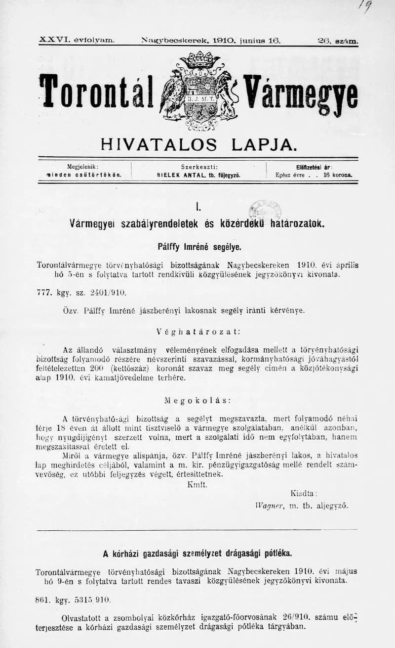 Torontál Vármegye Hivatalos Lapja, 26. évf. 1910. június 16. 26. sz.