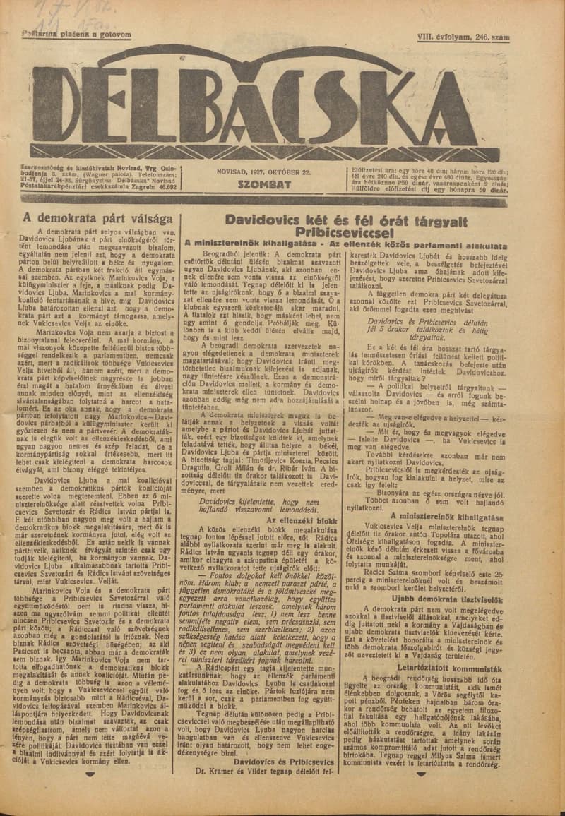 Délbácska, 8. évf. 1927. október 22. 246. sz.