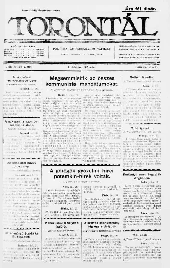 Torontál, 50. évf. 1921. július 28. 162. sz.