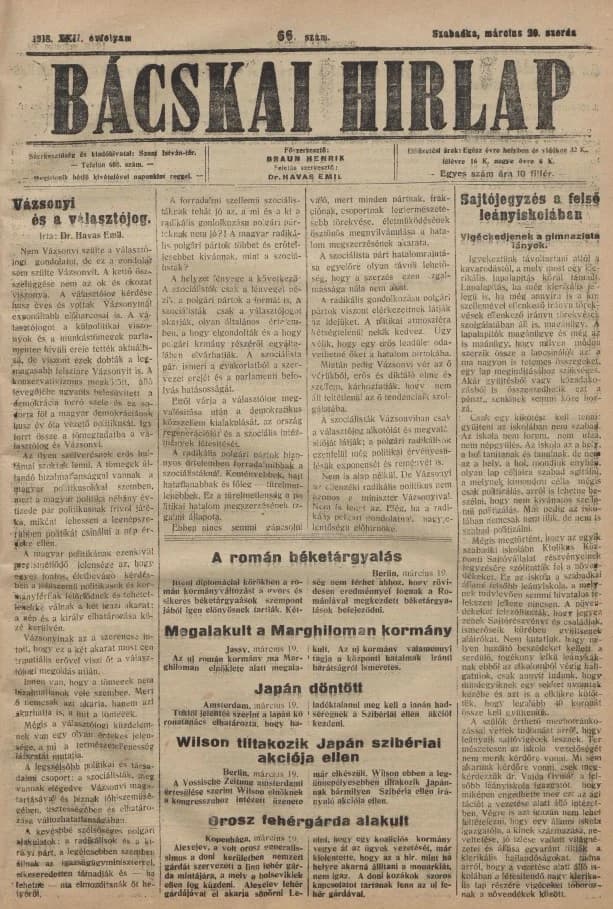 Bácskai Hirlap, 22. évf. 1918. március 20. 66. sz.