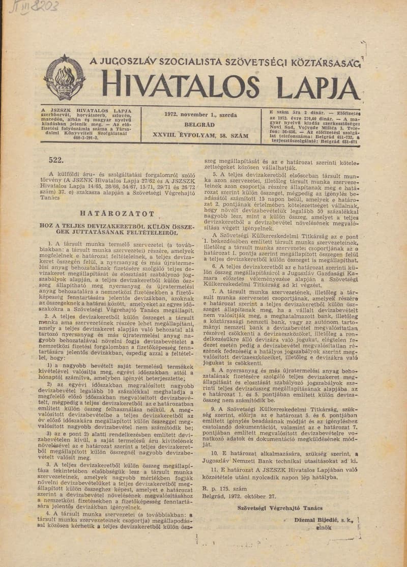 A Jugoszláv Szocialista Szövetségi Köztársaság Hivatalos Lapja, 28. évf. 1972. november 1. 58. sz. 1073–1088. oldal