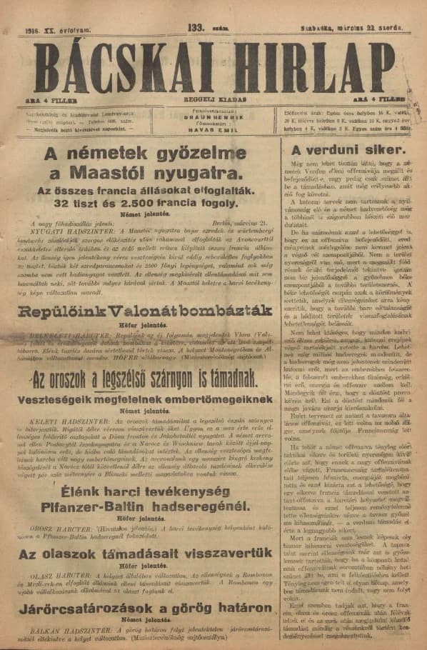 Bácskai Hirlap, 20. évf. 1916. március 22. 133. sz.