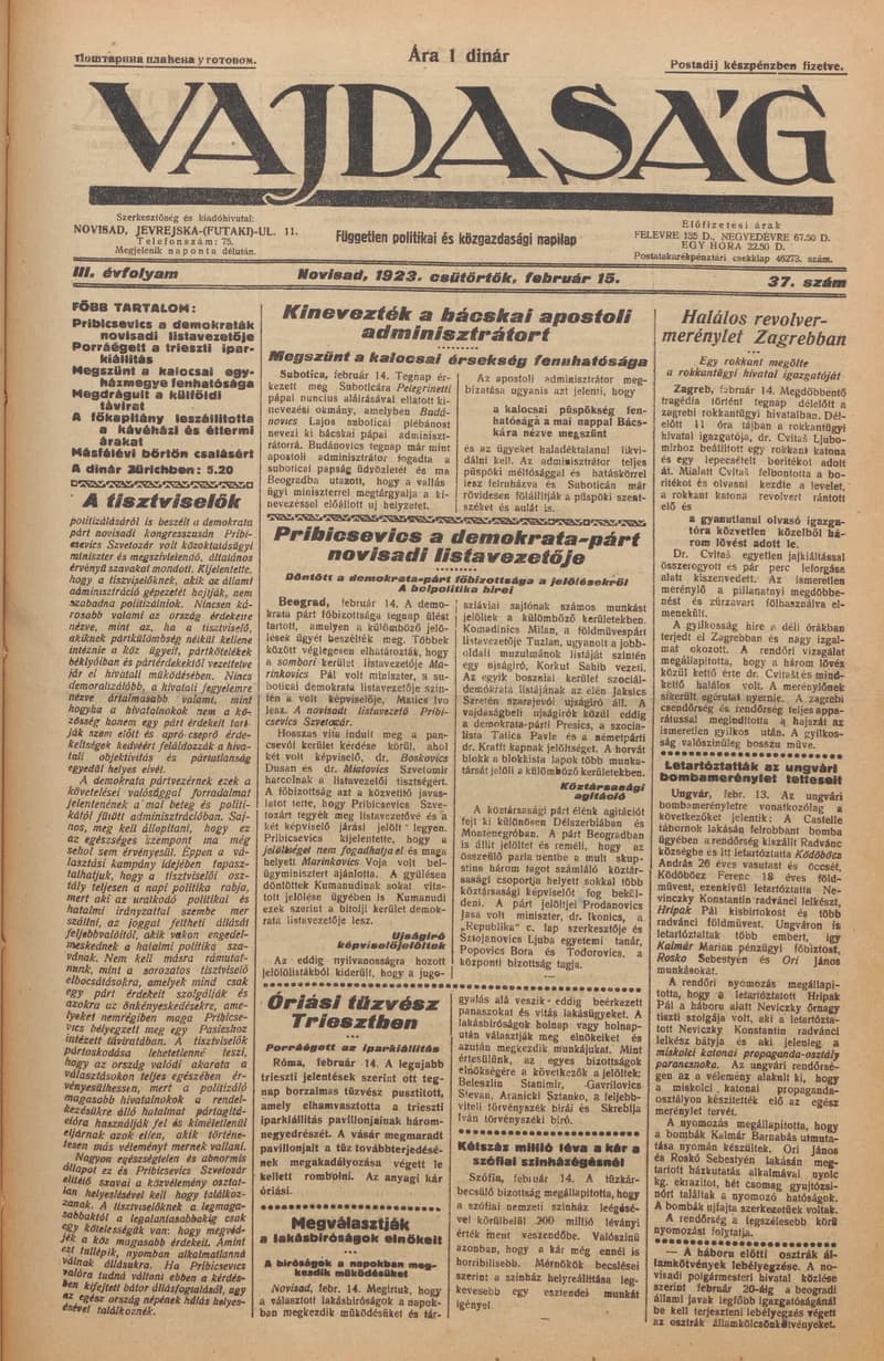 Vajdaság, 3. évf. 1923. február 15. 37. sz.