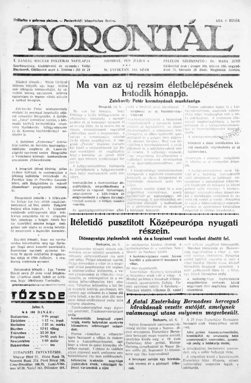 Torontál, 58. évf. 1929. július 6. 153. sz.