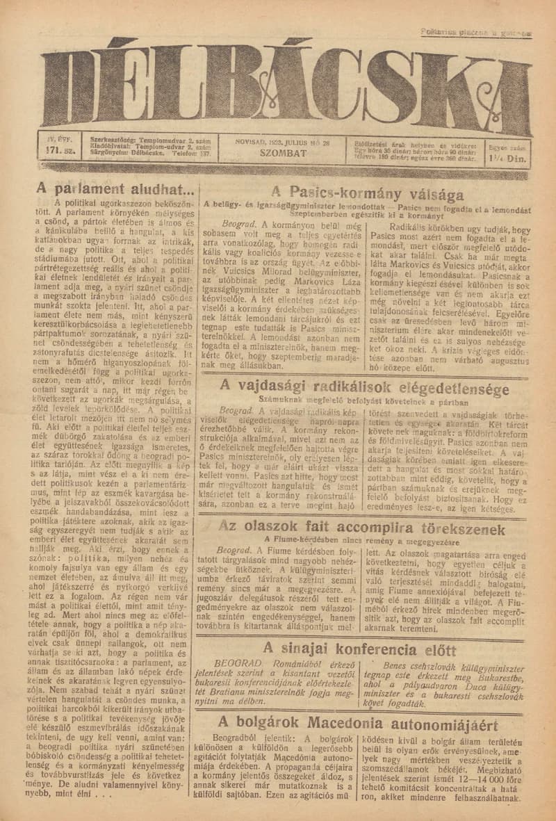 Délbácska, 4. évf. 1923. július 28. 171. sz.