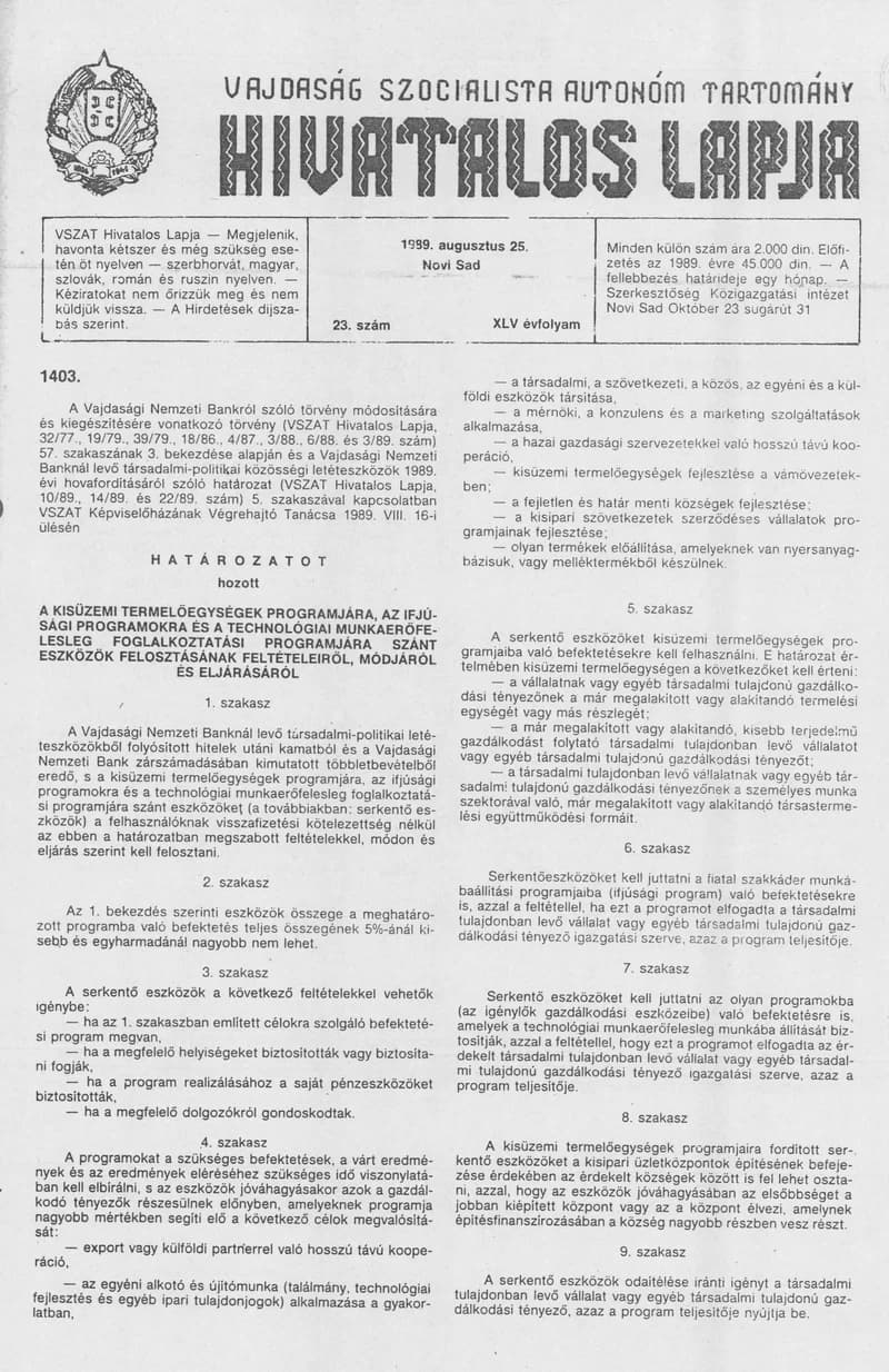 Vajdaság Szocialista Autonóm Tartomány Hivatalos Lapja, 45. évf. 1989. augusztus 25. 23. sz.