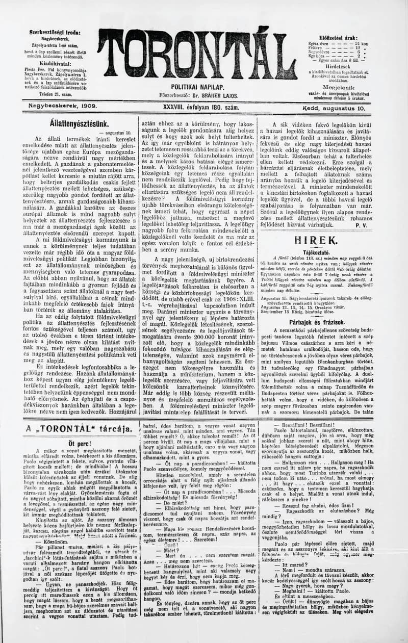 Torontál, 38. évf. 1909. augusztus 10. 180. sz.