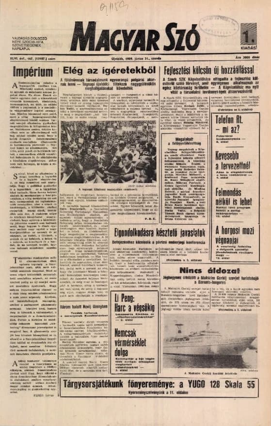 Magyar Szó, 46. évf. 1989. június 21. 167. sz. 1–20. oldal