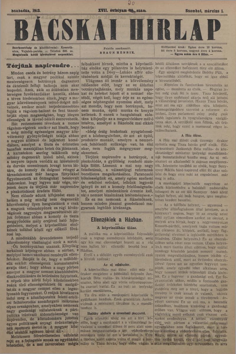 Bácskai Hirlap, 17. évf. 1913. március 1. 50. sz.