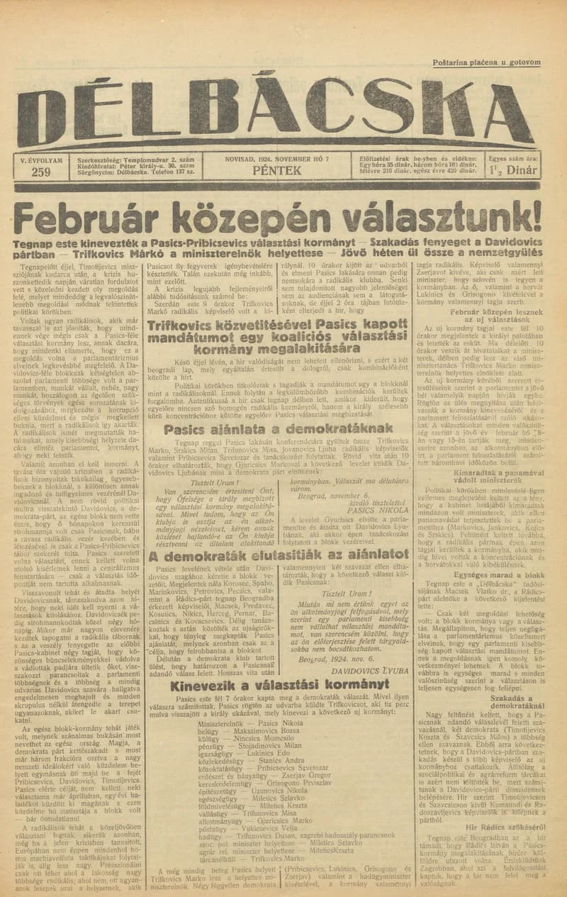 Délbácska, 5. évf. 1924. november 7. 259. sz.