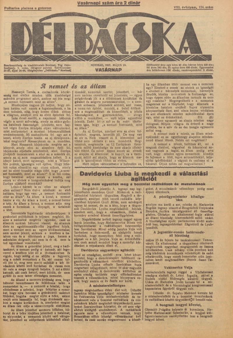 Délbácska, 8. évf. 1927. május 29. 124. sz.