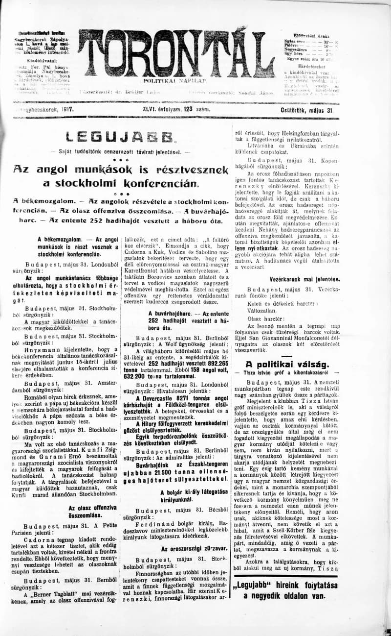 Torontál, 46. évf. 1917. május 31. 123. sz.
