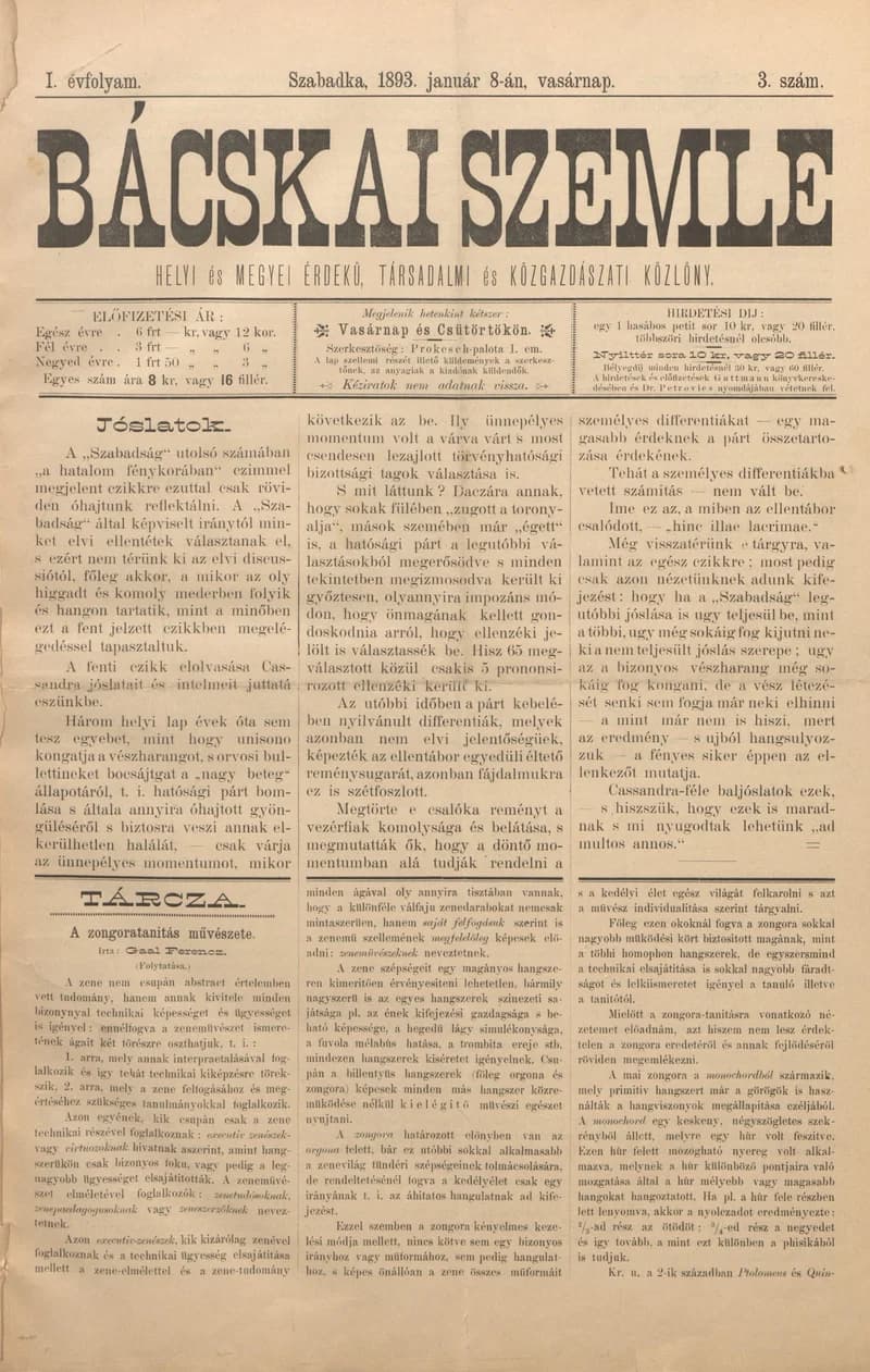 Bácskai Szemle, 1. évf. 1893. január 8. 3. sz.