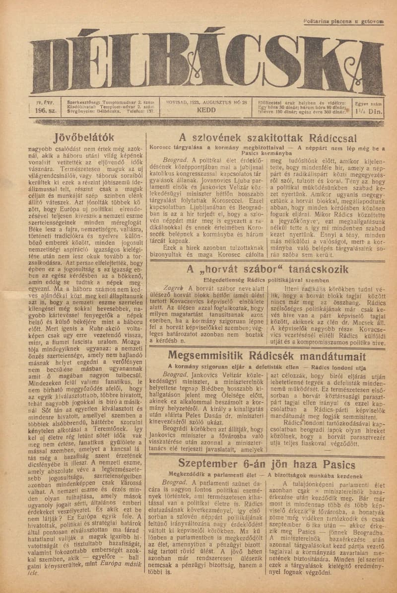 Délbácska, 4. évf. 1923. augusztus 28. 196. sz.