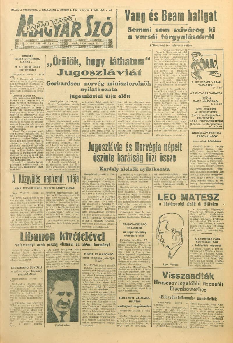 Magyar Szó, 15. évf. 1958. szeptember 23. 238. sz. 1–16. oldal