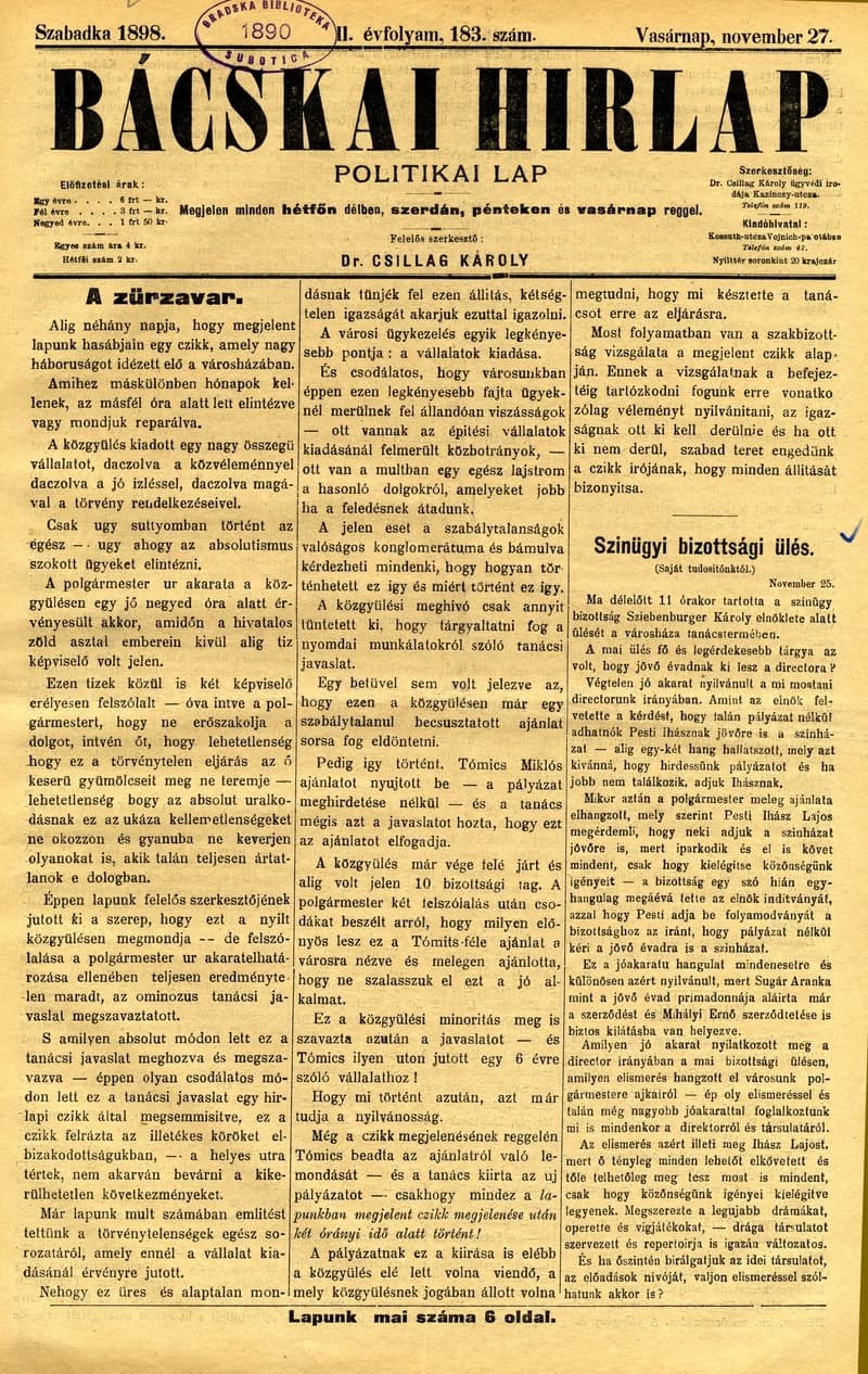 Bácskai Hirlap, 2. évf. 1898. november 27. 183. sz. 1–6. oldal