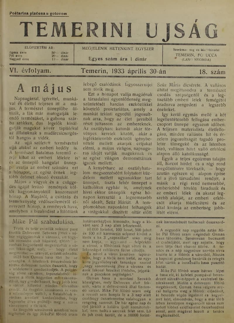 Temerini Újság 1928-1944, 6. évf. 1933. április 30. 18. sz.