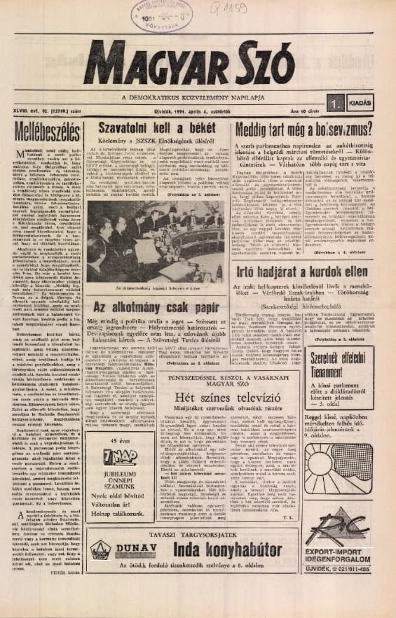 Magyar Szó, 48. évf. 1991. április 4. 92. sz. 1–16. oldal