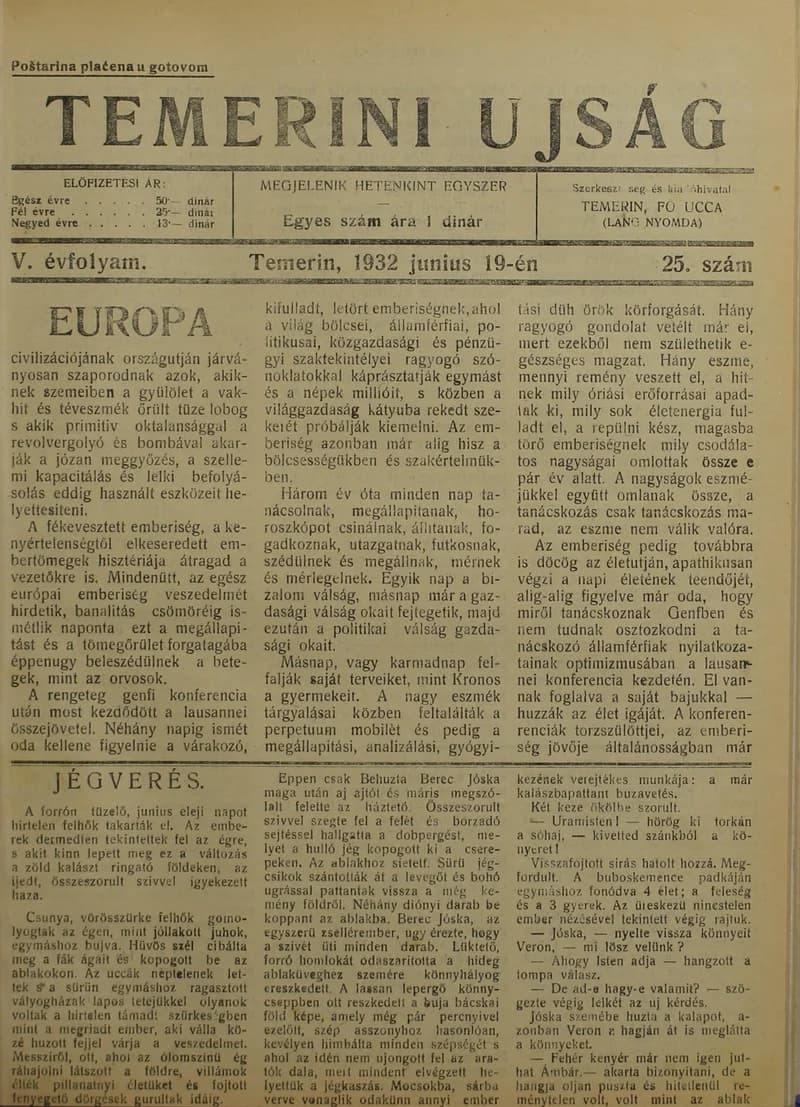Temerini Újság 1928-1944, 5. évf. 1932. június 19. 25. sz.