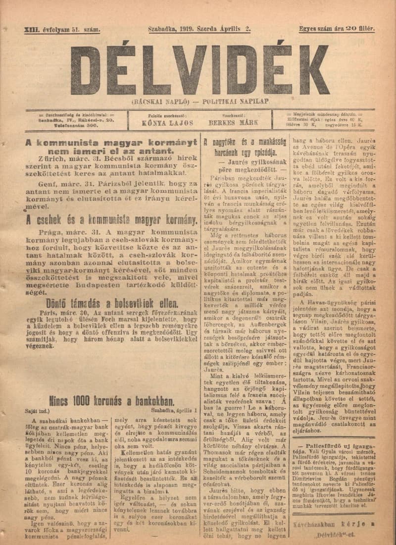 Délvidék, 13. évf. 1919. április 2. 51. sz.